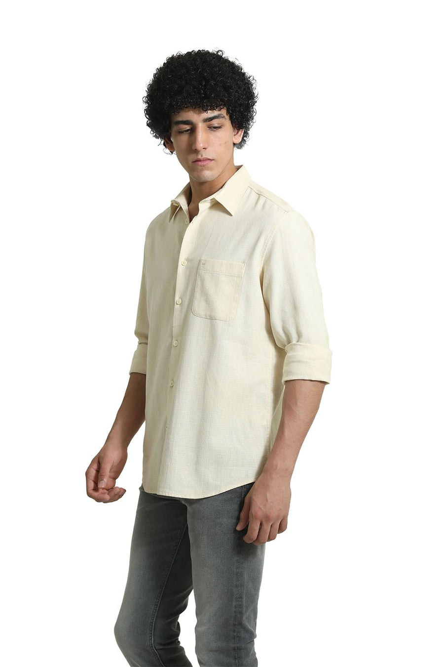 BASICS SLIM FIT ANGORA BEIGE COTTON HOPSACK DOBBY SHIRT