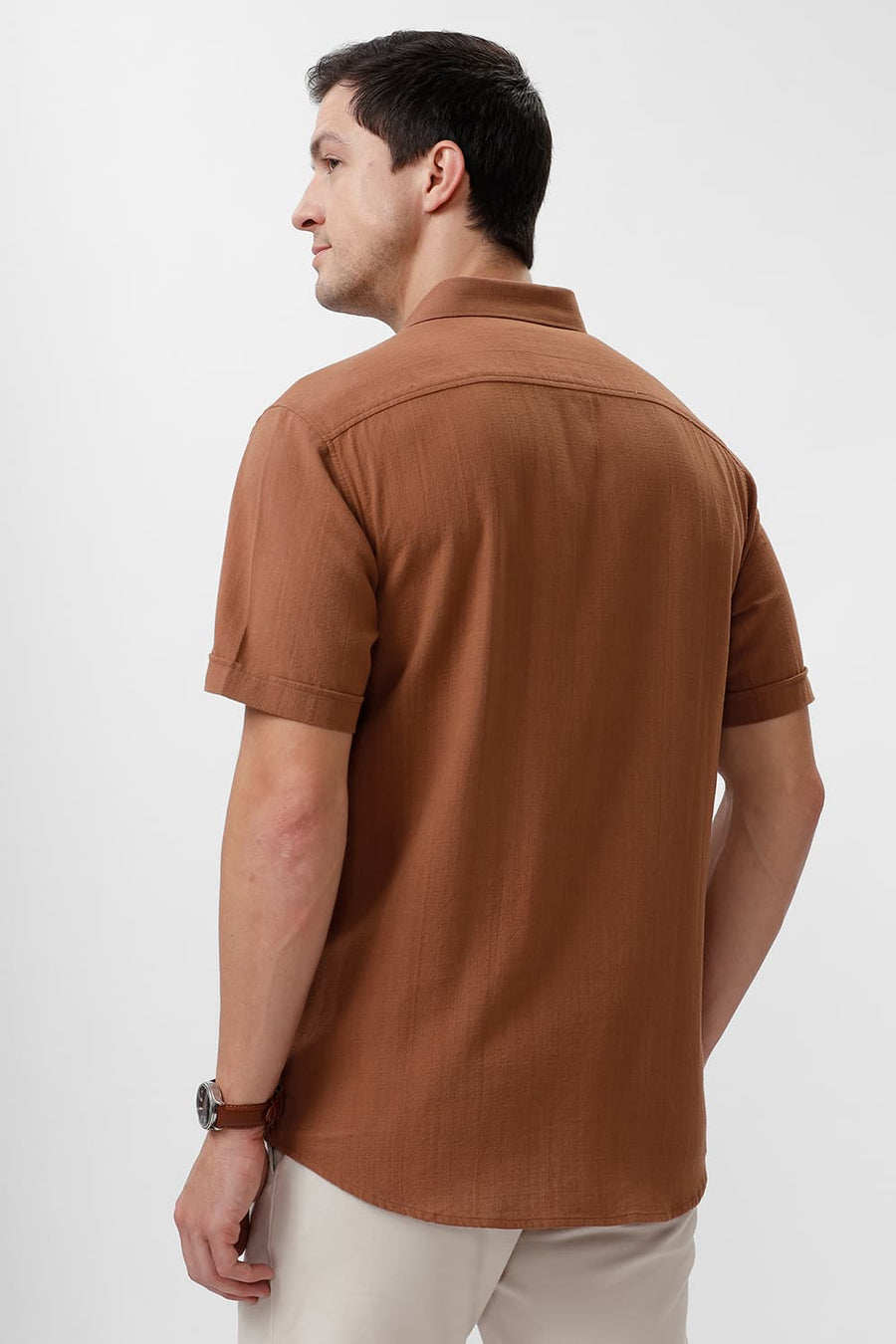 BASICS SLIM FIT RAWHIDE BROWN COTTON HOPSACK DOBBY HALFSLEEVES SHIRT
