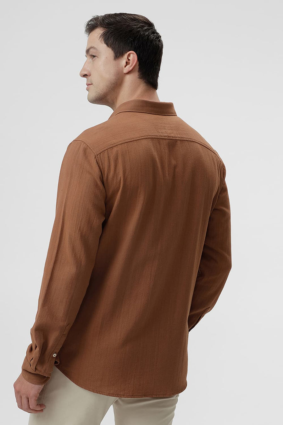 BASICS SLIM FIT RAWHIDE BROWN COTTON HOPSACK DOBBY SHIRT