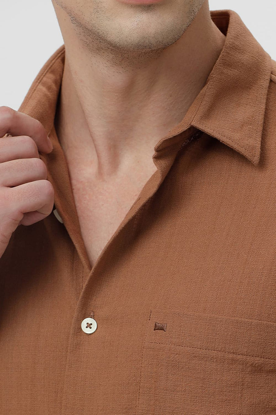 BASICS SLIM FIT RAWHIDE BROWN COTTON HOPSACK DOBBY SHIRT