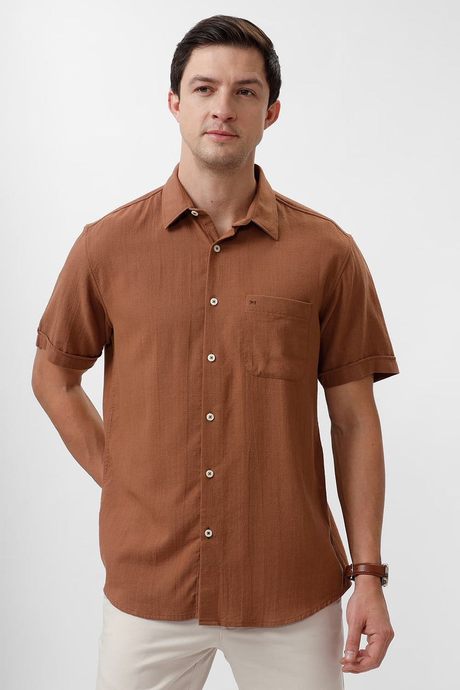 BASICS SLIM FIT RAWHIDE BROWN COTTON HOPSACK DOBBY HALFSLEEVES SHIRT