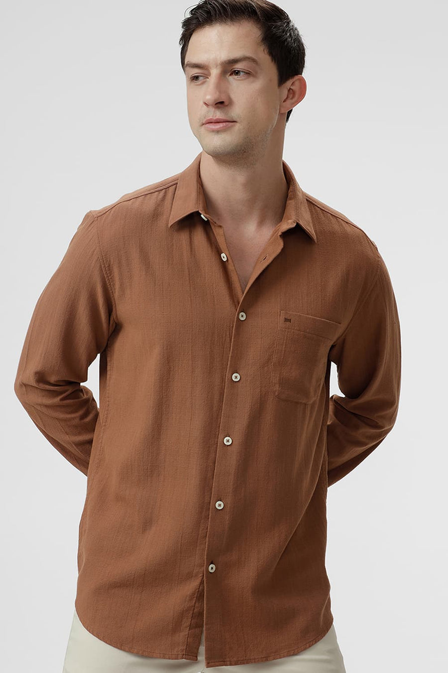 BASICS SLIM FIT RAWHIDE BROWN COTTON HOPSACK DOBBY SHIRT