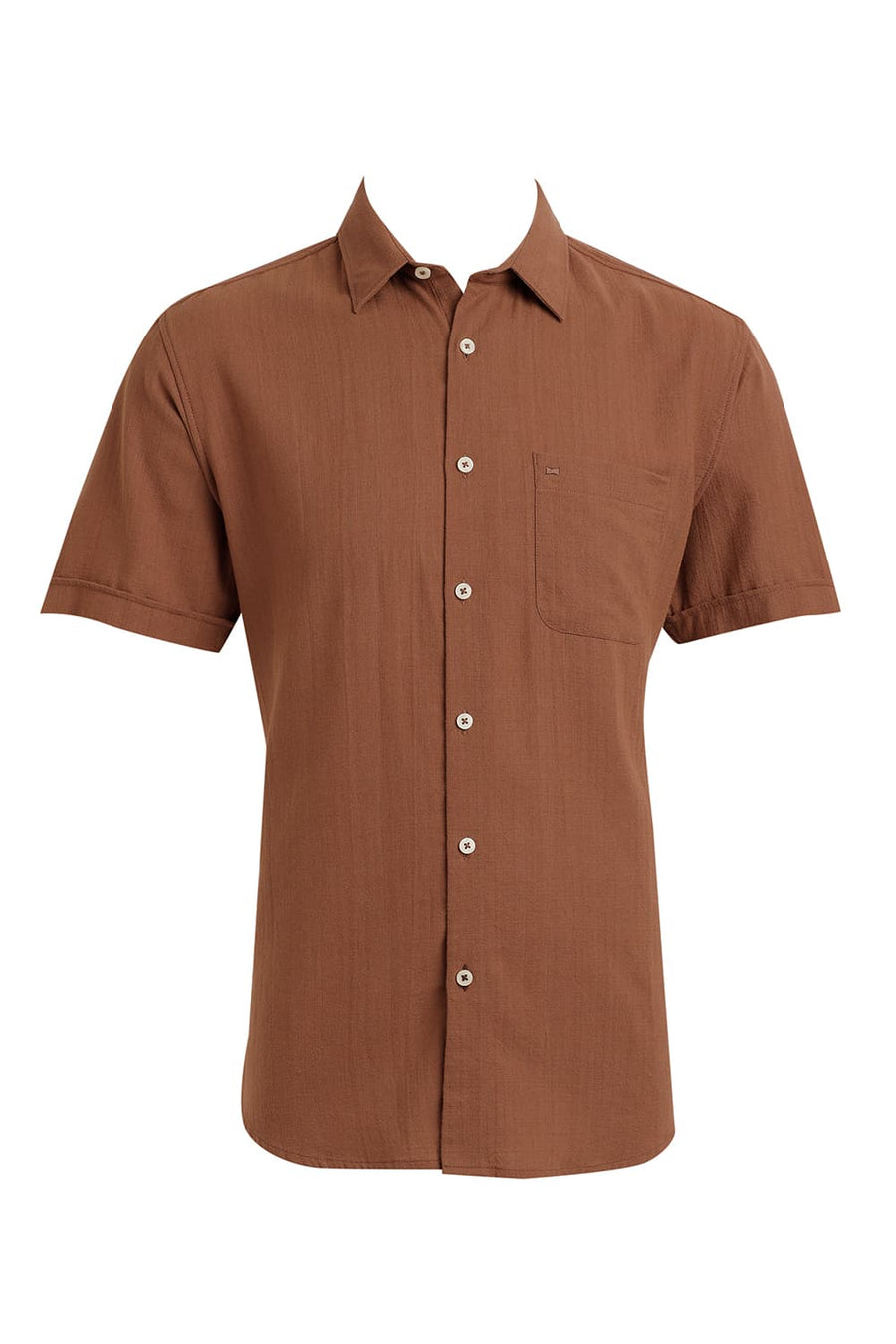 BASICS SLIM FIT RAWHIDE BROWN COTTON HOPSACK DOBBY HALFSLEEVES SHIRT