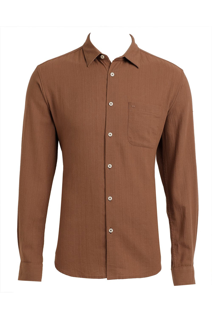 BASICS SLIM FIT RAWHIDE BROWN COTTON HOPSACK DOBBY SHIRT