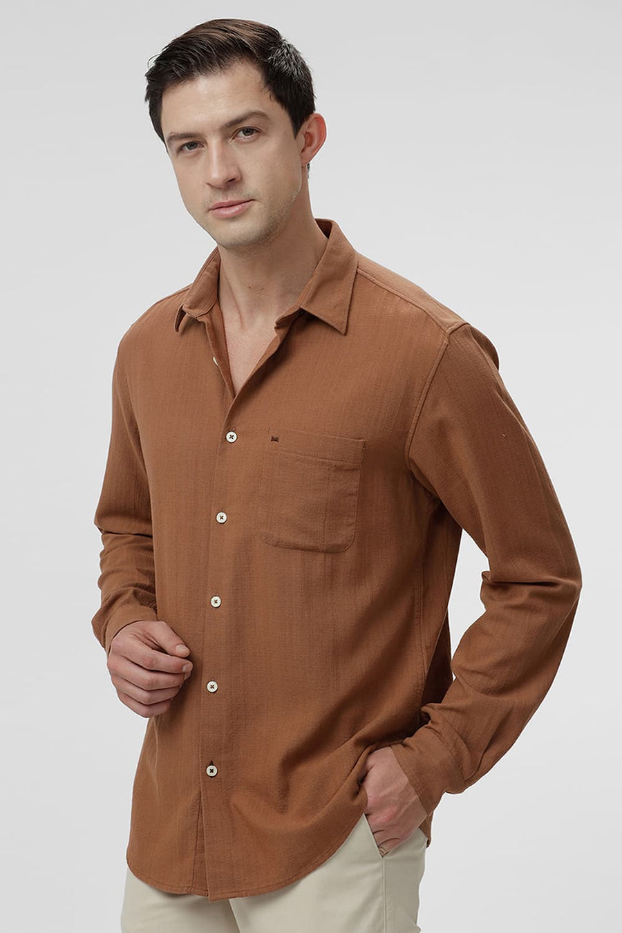 BASICS SLIM FIT RAWHIDE BROWN COTTON HOPSACK DOBBY SHIRT