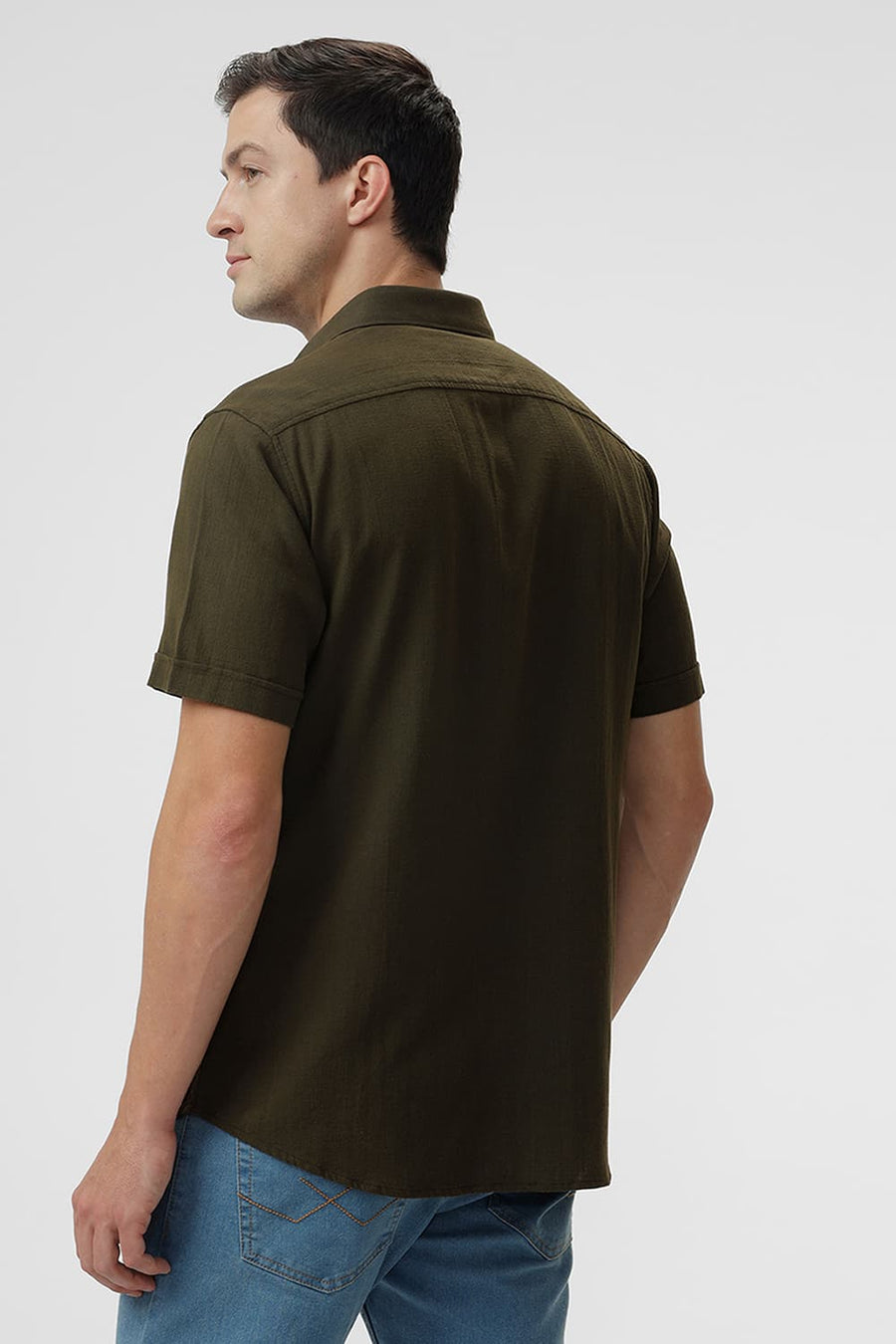 BASICS SLIM FIT OLIVE NIGHT COTTON HOPSACK DOBBY HALFSLEEVES SHIRT