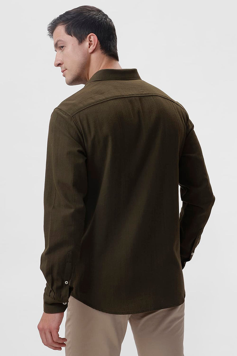 BASICS SLIM FIT OLIVE NIGHT COTTON HOPSACK DOBBY SHIRT