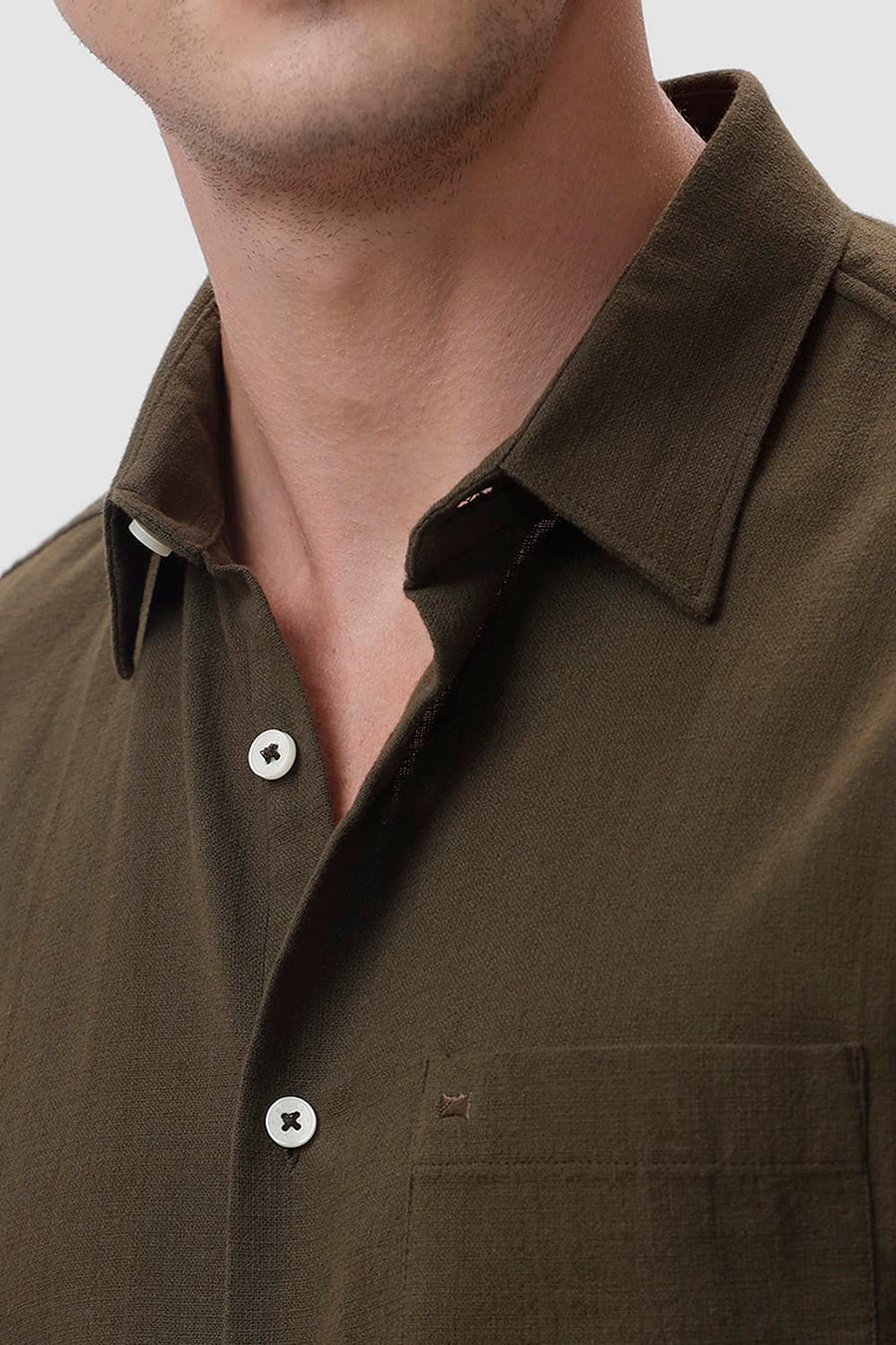 BASICS SLIM FIT OLIVE NIGHT COTTON HOPSACK DOBBY SHIRT