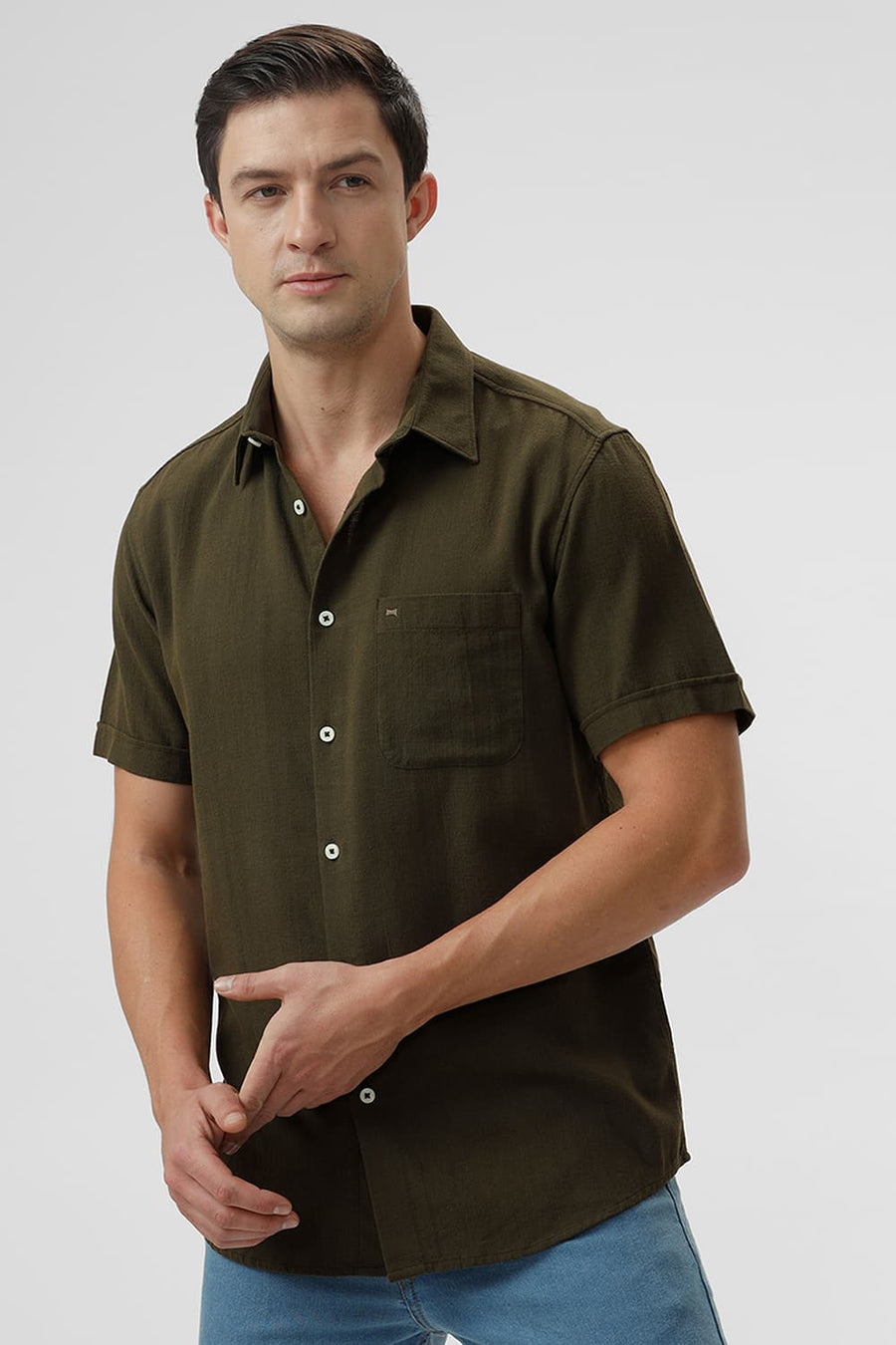 BASICS SLIM FIT OLIVE NIGHT COTTON HOPSACK DOBBY HALFSLEEVES SHIRT