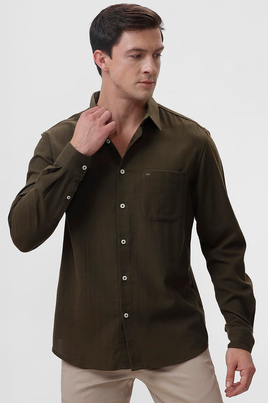 BASICS SLIM FIT OLIVE NIGHT COTTON HOPSACK DOBBY SHIRT