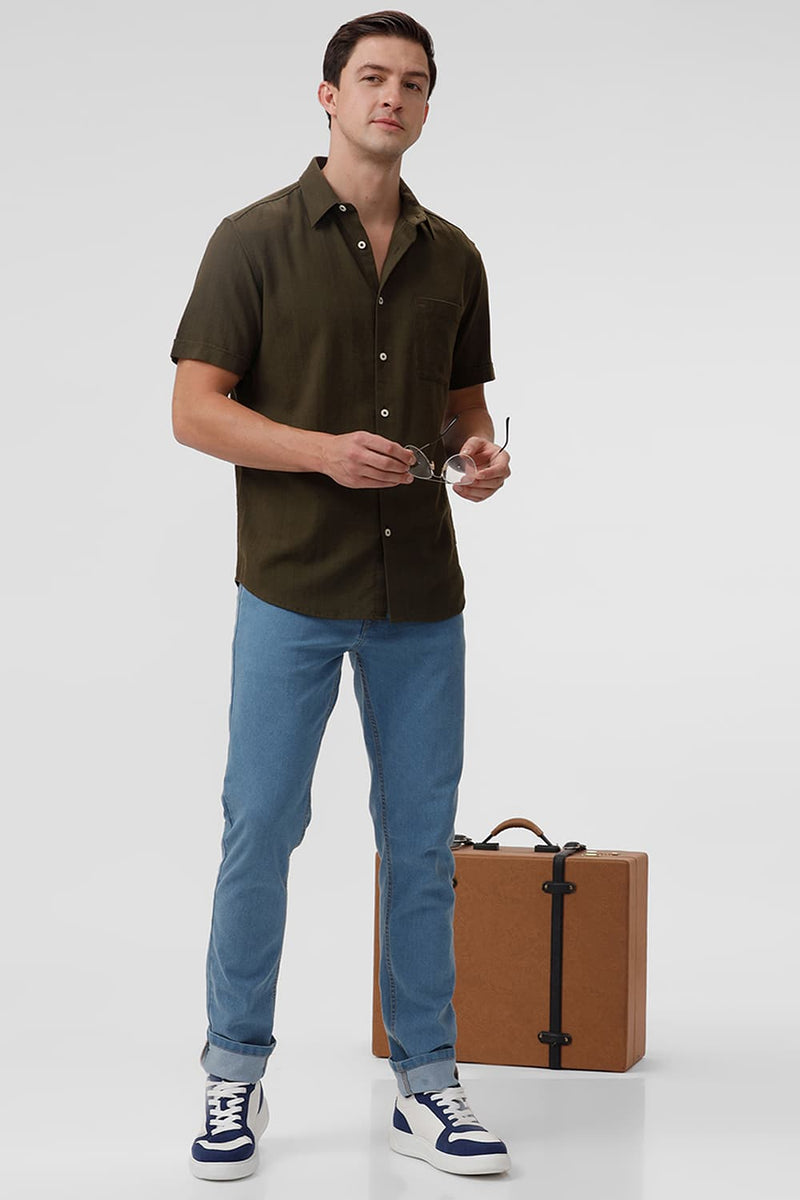 SLIM FIT COTTON HOPSACK DOBBY HALFSLEEVES SHIRT