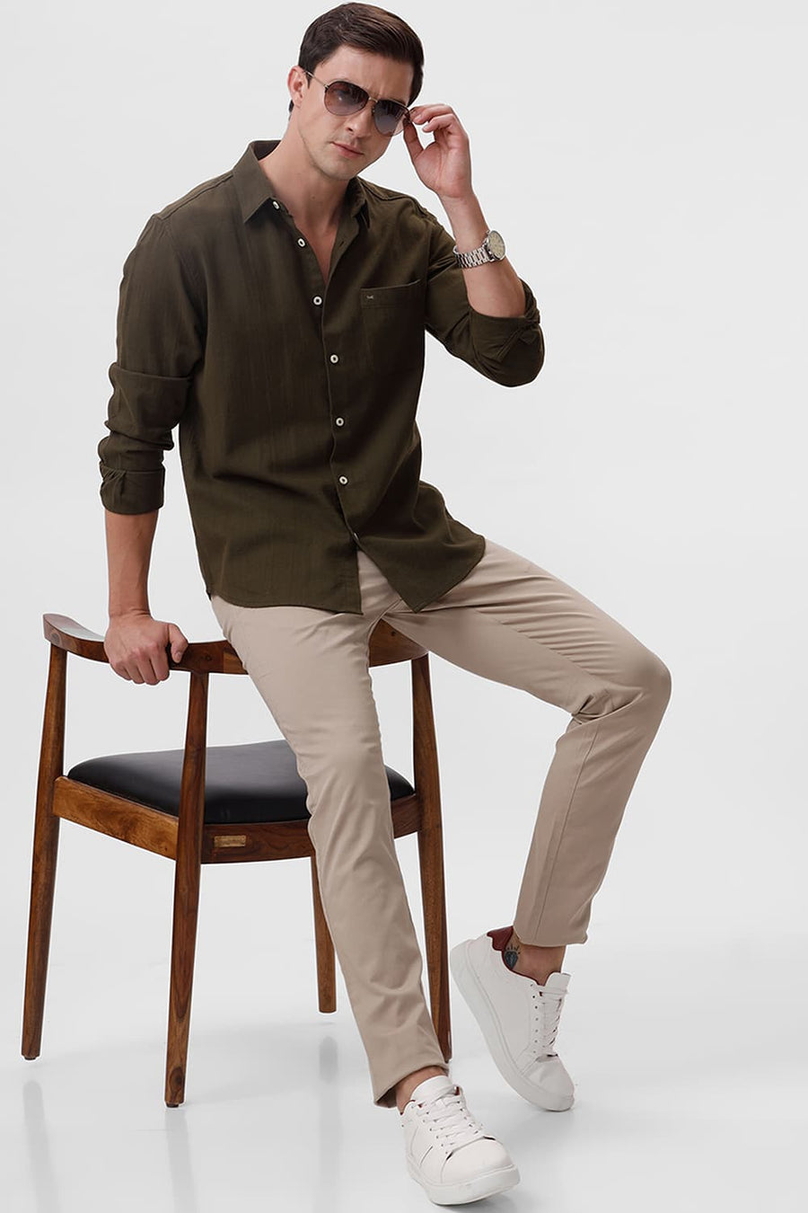 BASICS SLIM FIT OLIVE NIGHT COTTON HOPSACK DOBBY SHIRT