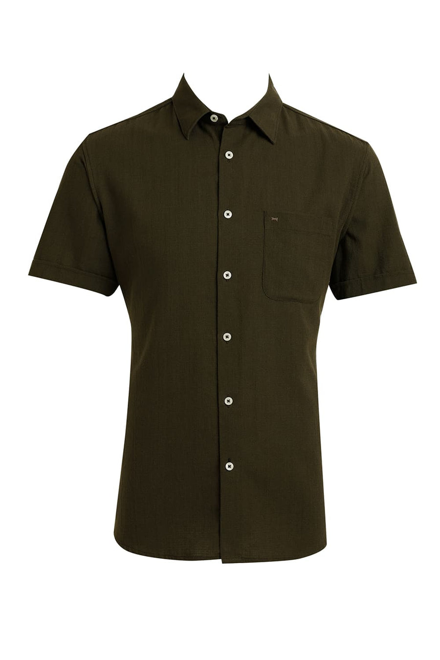 BASICS SLIM FIT OLIVE NIGHT COTTON HOPSACK DOBBY HALFSLEEVES SHIRT
