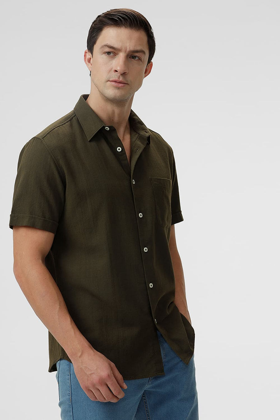 BASICS SLIM FIT OLIVE NIGHT COTTON HOPSACK DOBBY HALFSLEEVES SHIRT