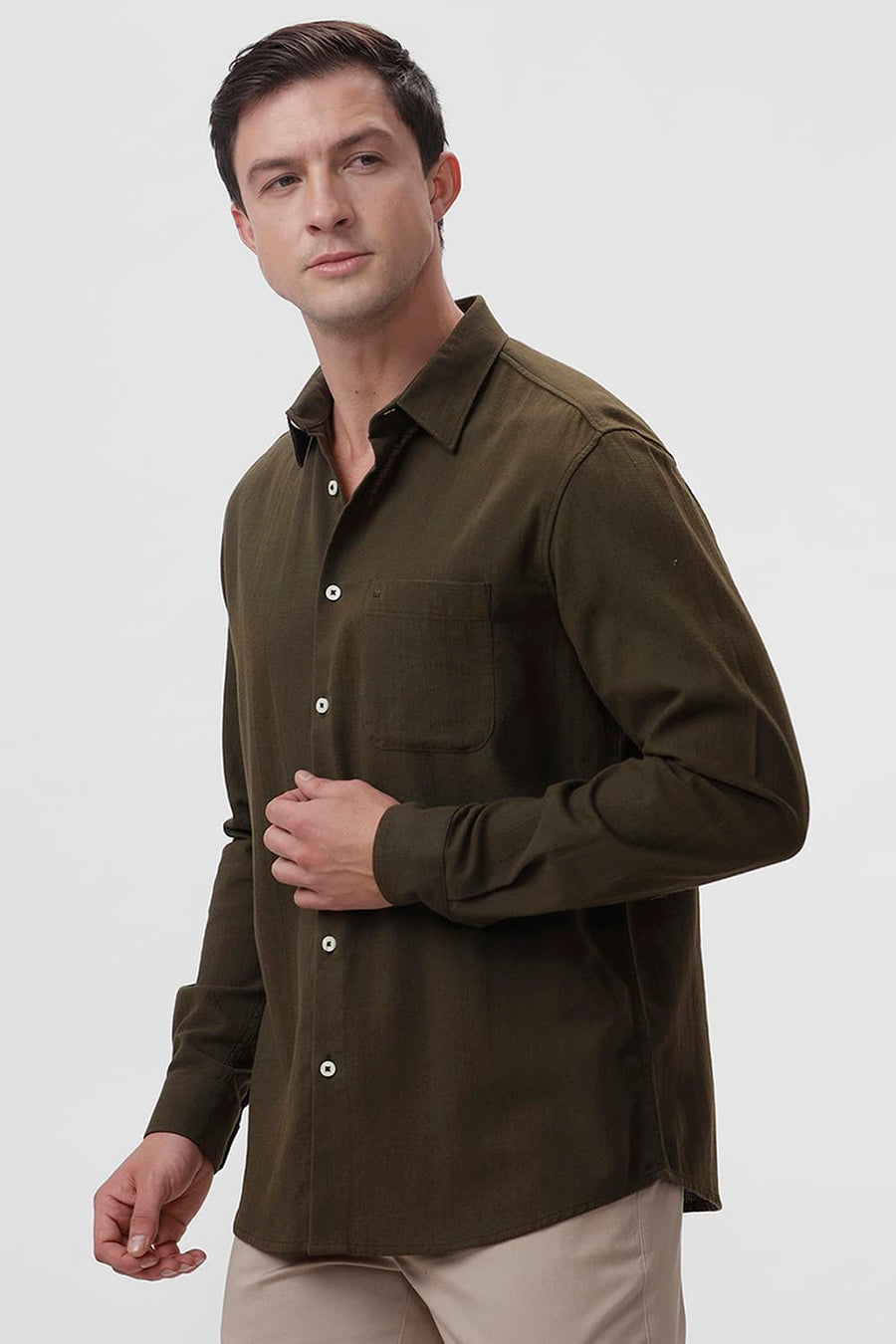 BASICS SLIM FIT OLIVE NIGHT COTTON HOPSACK DOBBY SHIRT