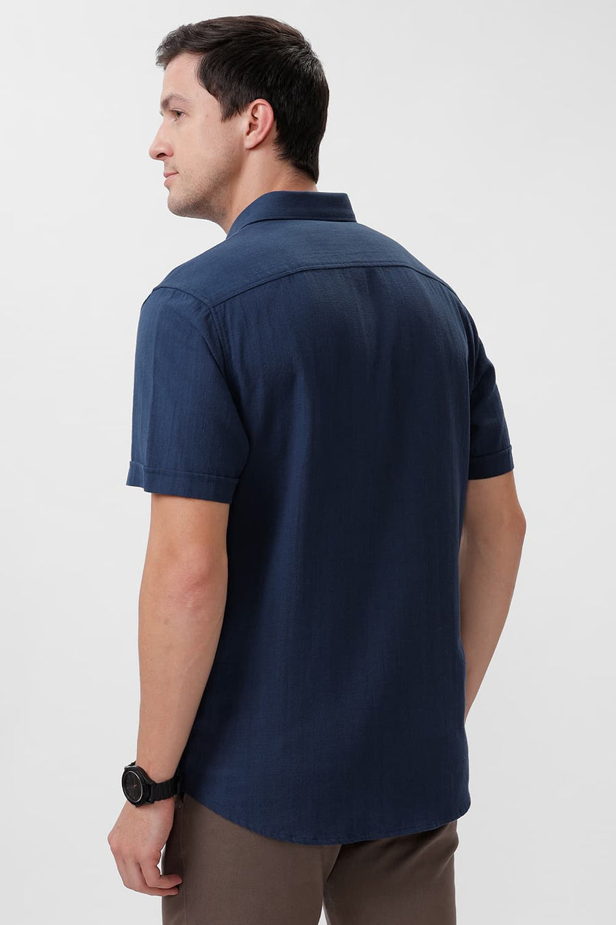 BASICS SLIM FIT POSEIDON NAVY COTTON HOPSACK DOBBY HALFSLEEVES SHIRT