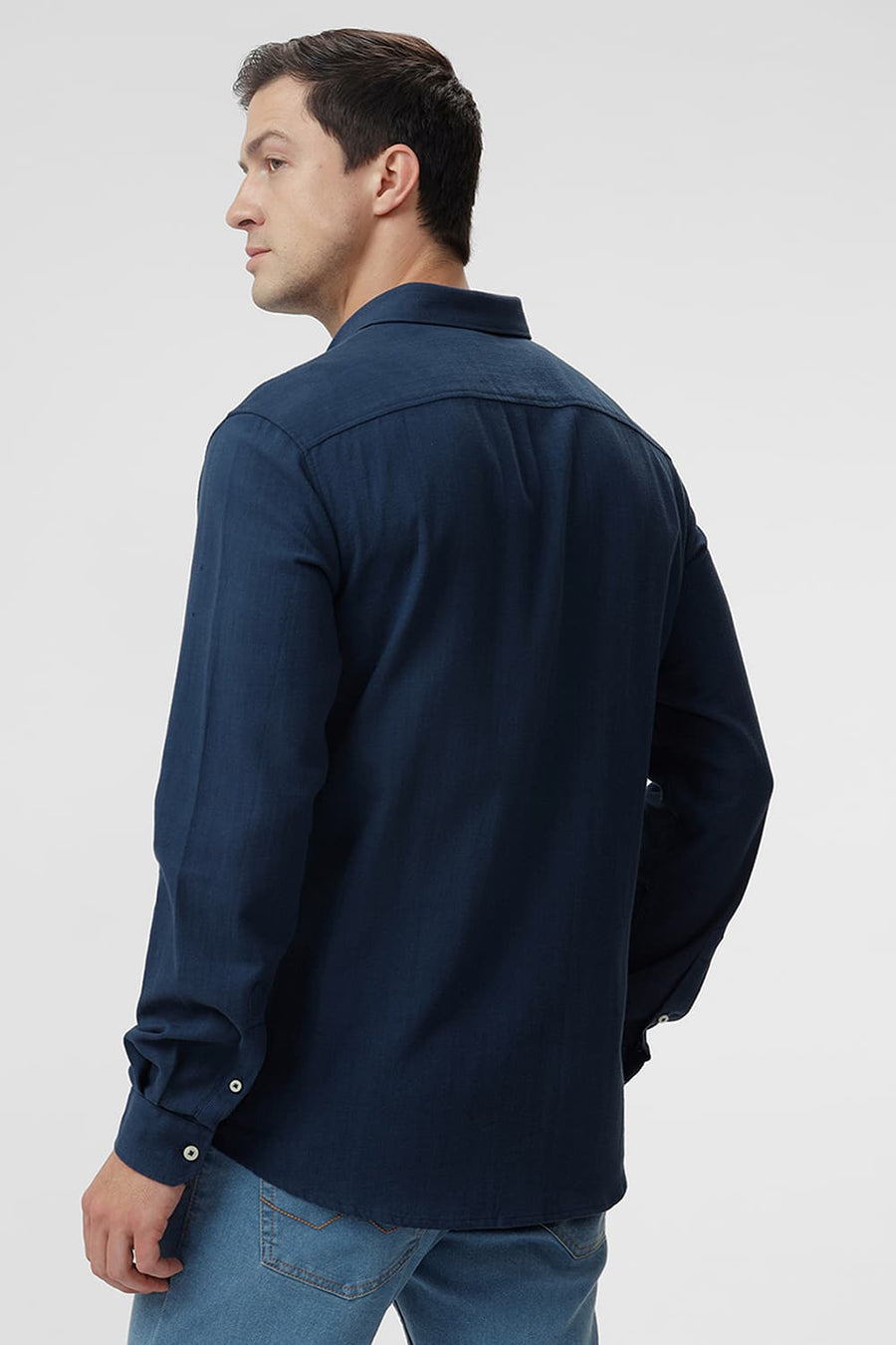 BASICS SLIM FIT POSEIDON NAVY COTTON HOPSACK DOBBY SHIRT