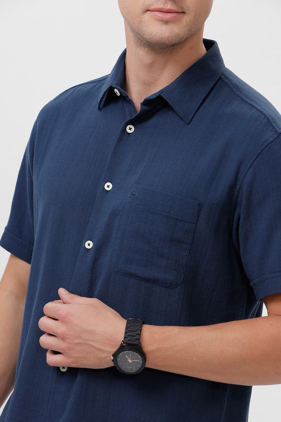 BASICS SLIM FIT POSEIDON NAVY COTTON HOPSACK DOBBY HALFSLEEVES SHIRT