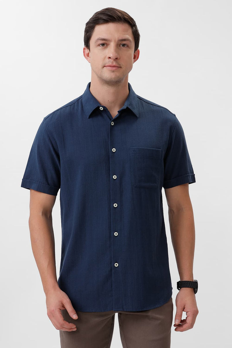 SLIM FIT COTTON HOPSACK DOBBY HALFSLEEVES SHIRT