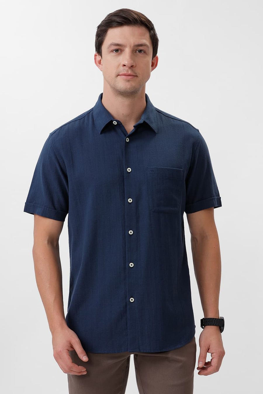 BASICS SLIM FIT POSEIDON NAVY COTTON HOPSACK DOBBY HALFSLEEVES SHIRT