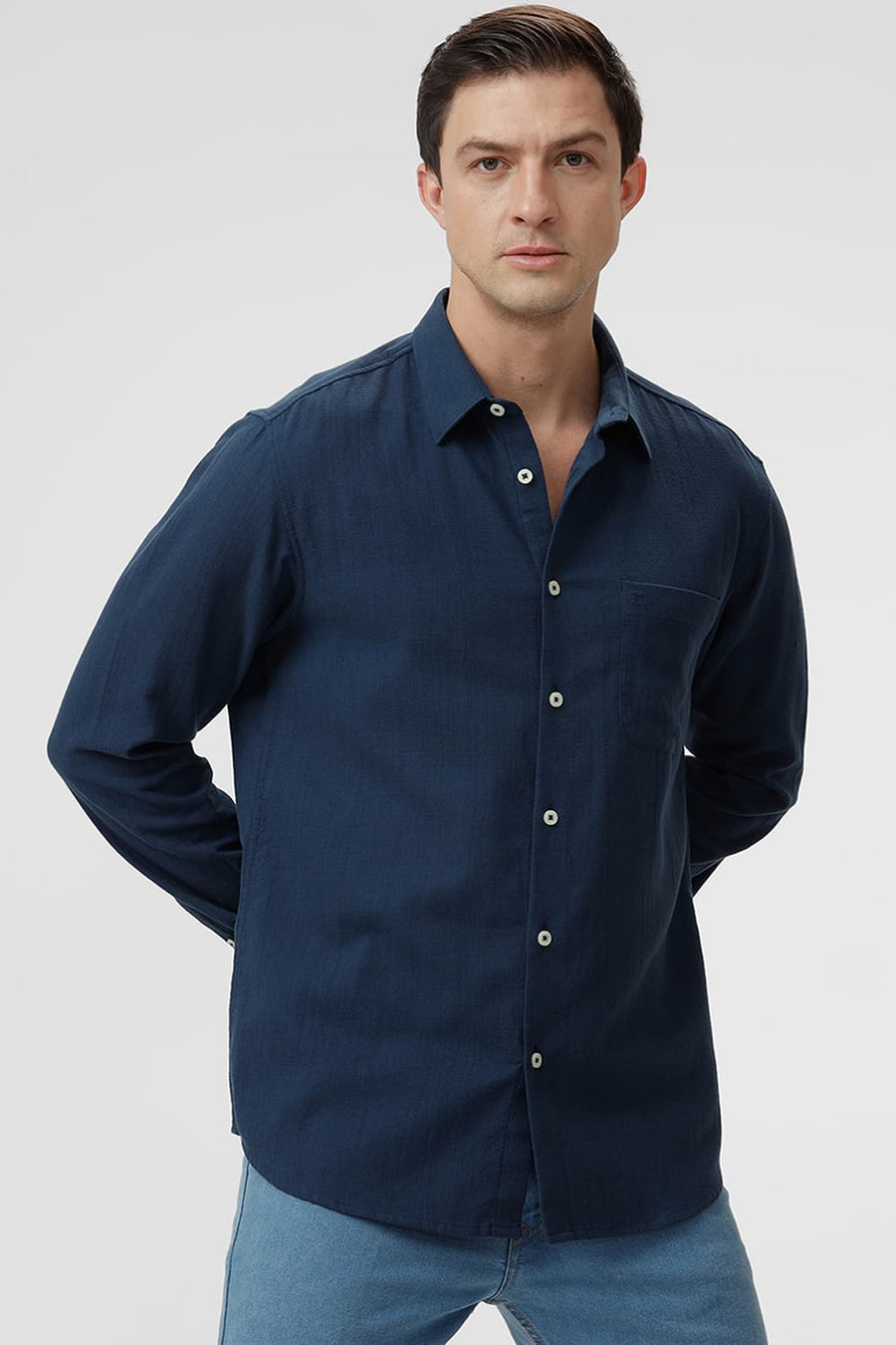 BASICS SLIM FIT POSEIDON NAVY COTTON HOPSACK DOBBY SHIRT
