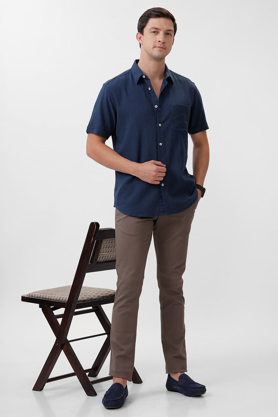 BASICS SLIM FIT POSEIDON NAVY COTTON HOPSACK DOBBY HALFSLEEVES SHIRT