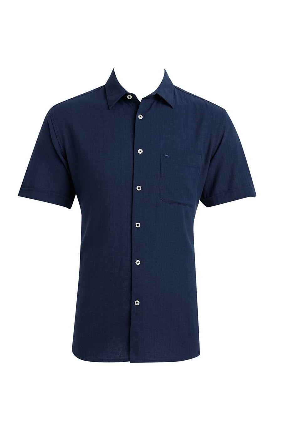 BASICS SLIM FIT POSEIDON NAVY COTTON HOPSACK DOBBY HALFSLEEVES SHIRT
