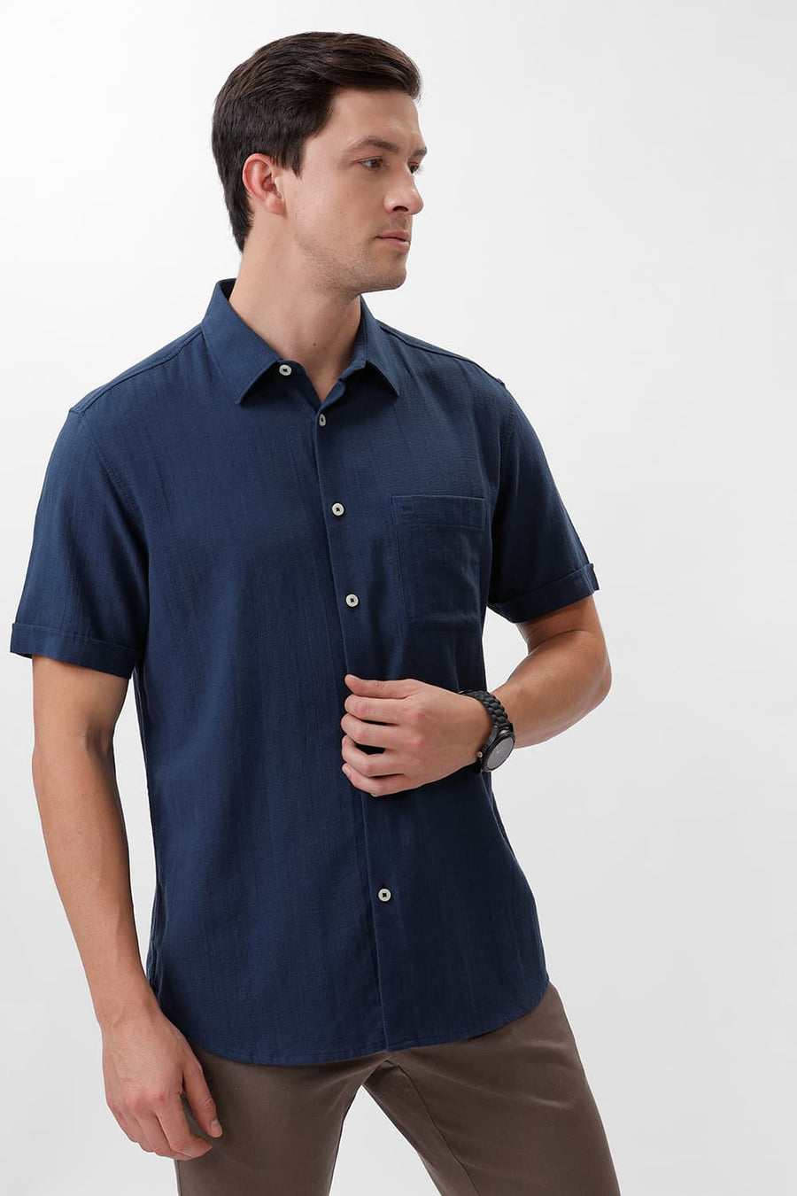 BASICS SLIM FIT POSEIDON NAVY COTTON HOPSACK DOBBY HALFSLEEVES SHIRT