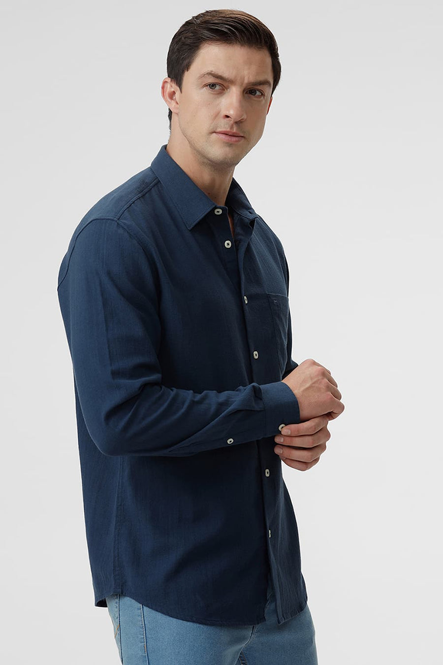 BASICS SLIM FIT POSEIDON NAVY COTTON HOPSACK DOBBY SHIRT