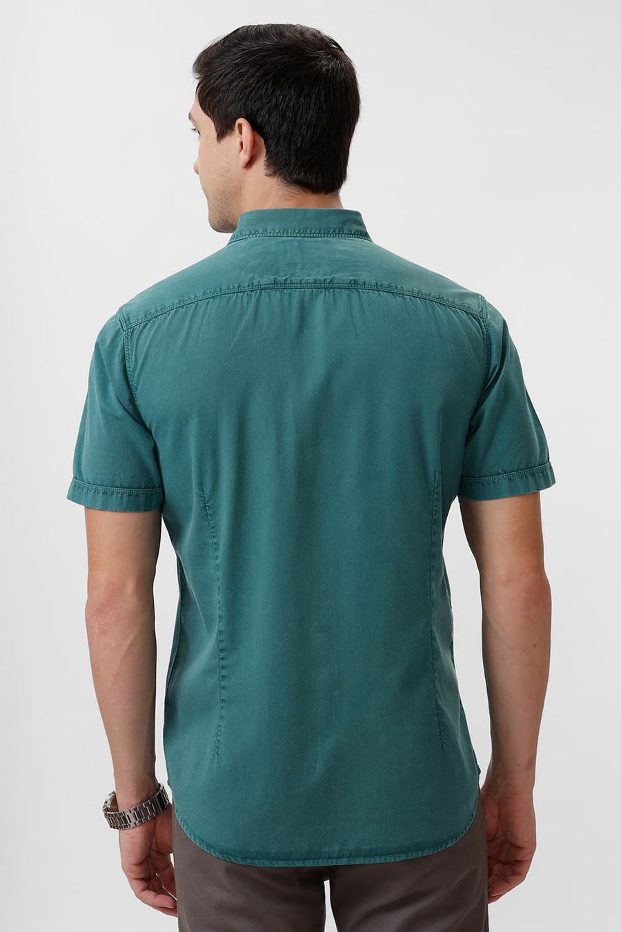 BASICS SLIM FIT TEAL LAGOON COTTON RFD HALFSLEEVES SHIRT