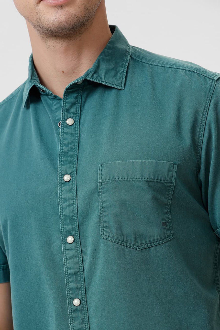 BASICS SLIM FIT TEAL LAGOON COTTON RFD HALFSLEEVES SHIRT