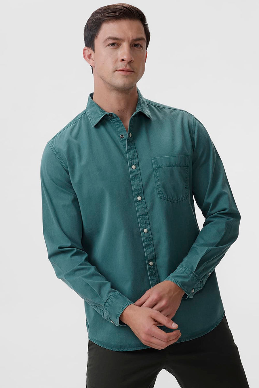 BASICS SLIM FIT TEAL LAGOON COTTON RFD SHIRT