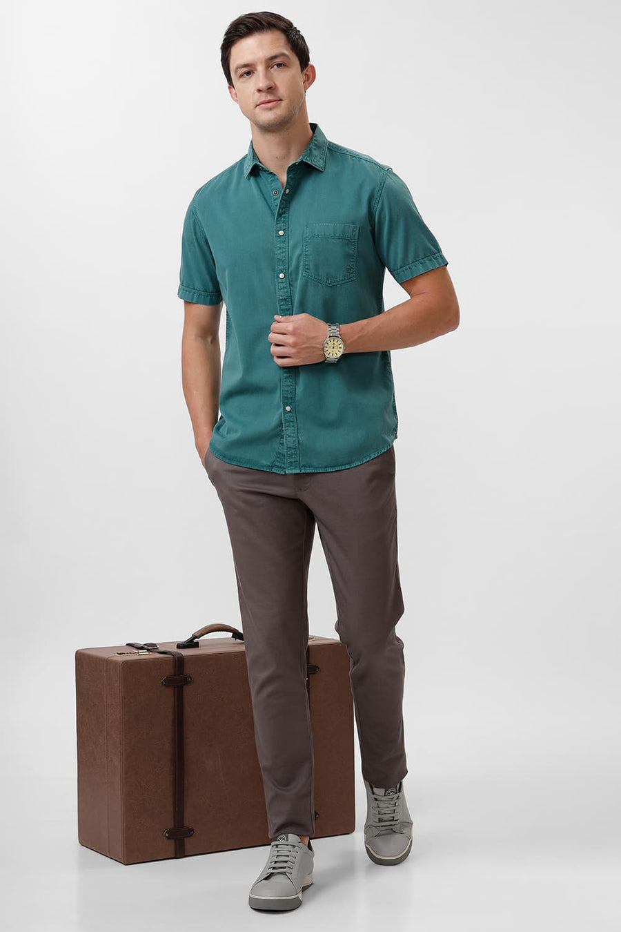 BASICS SLIM FIT TEAL LAGOON COTTON RFD HALFSLEEVES SHIRT