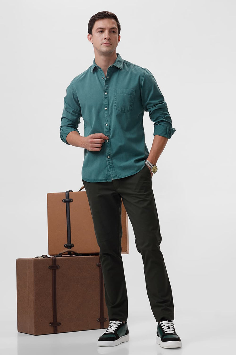 BASICS SLIM FIT TEAL LAGOON COTTON RFD SHIRT