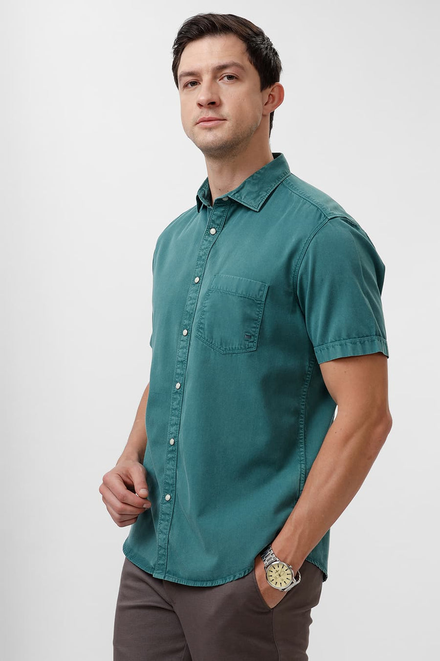 BASICS SLIM FIT TEAL LAGOON COTTON RFD HALFSLEEVES SHIRT