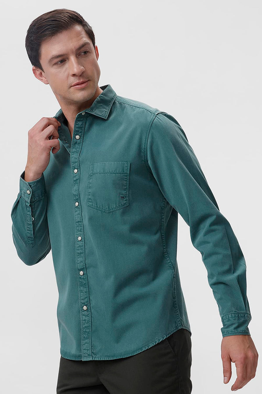 BASICS SLIM FIT TEAL LAGOON COTTON RFD SHIRT