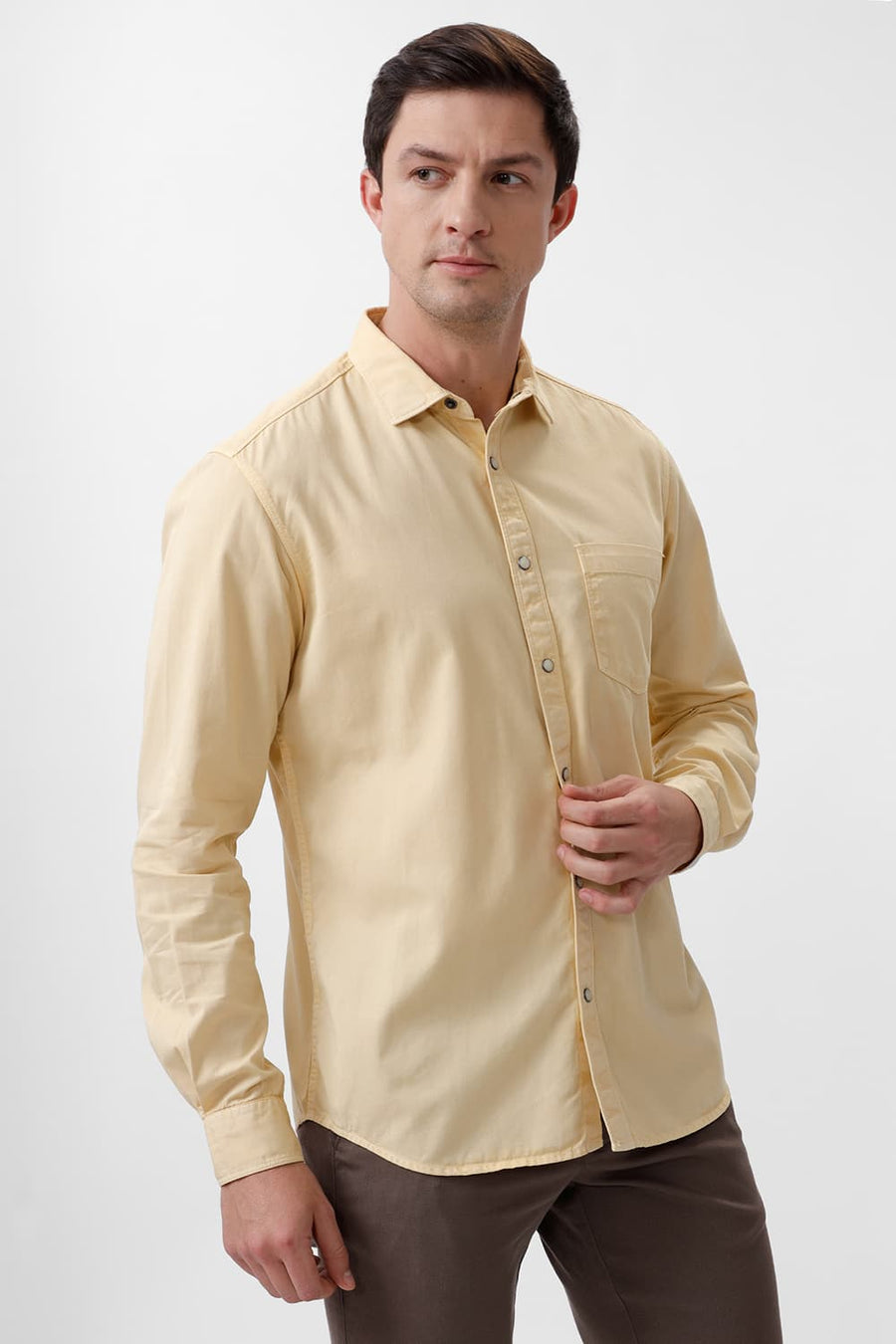 BASICS SLIM FIT FLAN YELLOW COTTON RFD SHIRT