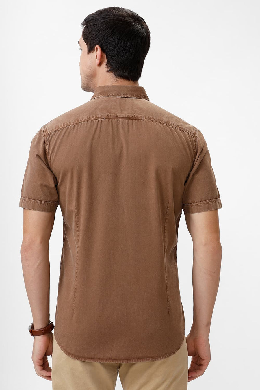 BASICS SLIM FIT BISON BROWN COTTON RFD HALFSLEEVES SHIRT