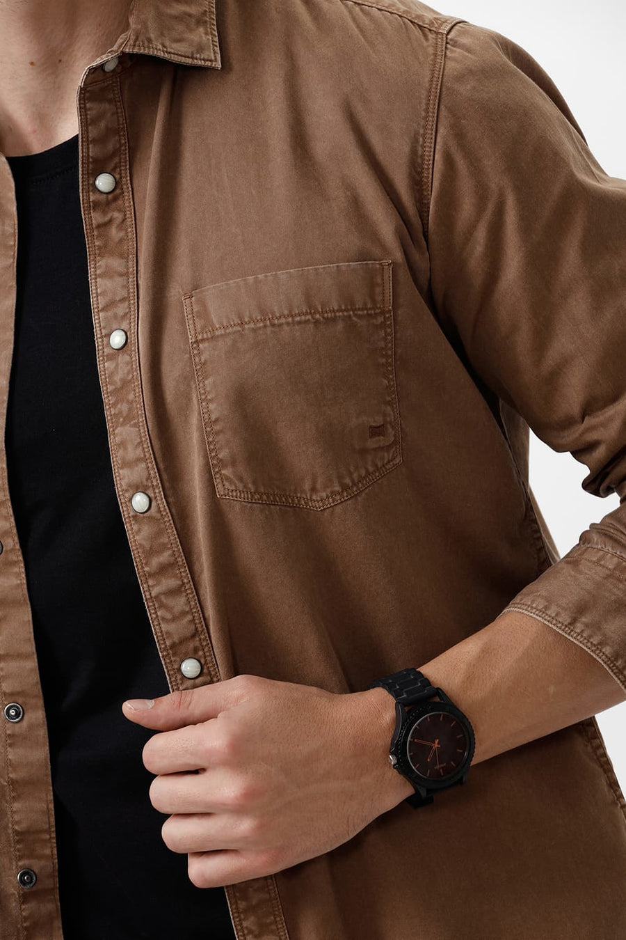 BASICS SLIM FIT BISON BROWN COTTON RFD SHIRT