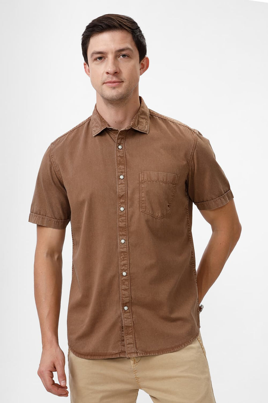 BASICS SLIM FIT BISON BROWN COTTON RFD HALFSLEEVES SHIRT