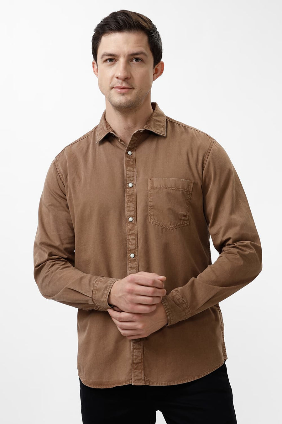 BASICS SLIM FIT BISON BROWN COTTON RFD SHIRT