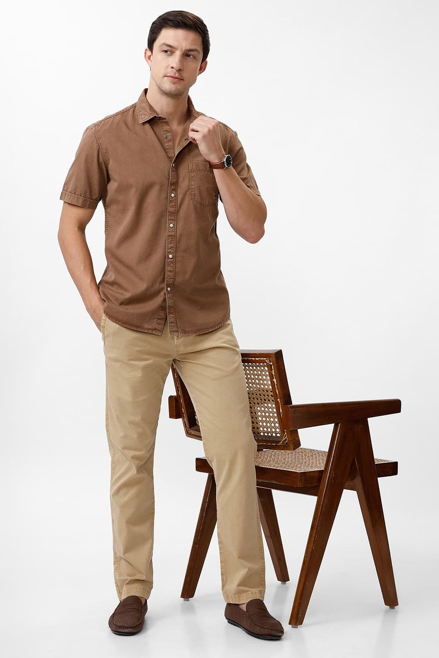 BASICS SLIM FIT BISON BROWN COTTON RFD HALFSLEEVES SHIRT