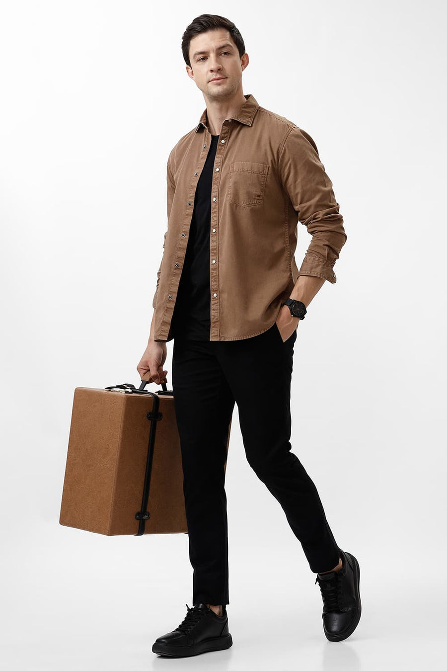 BASICS SLIM FIT BISON BROWN COTTON RFD SHIRT