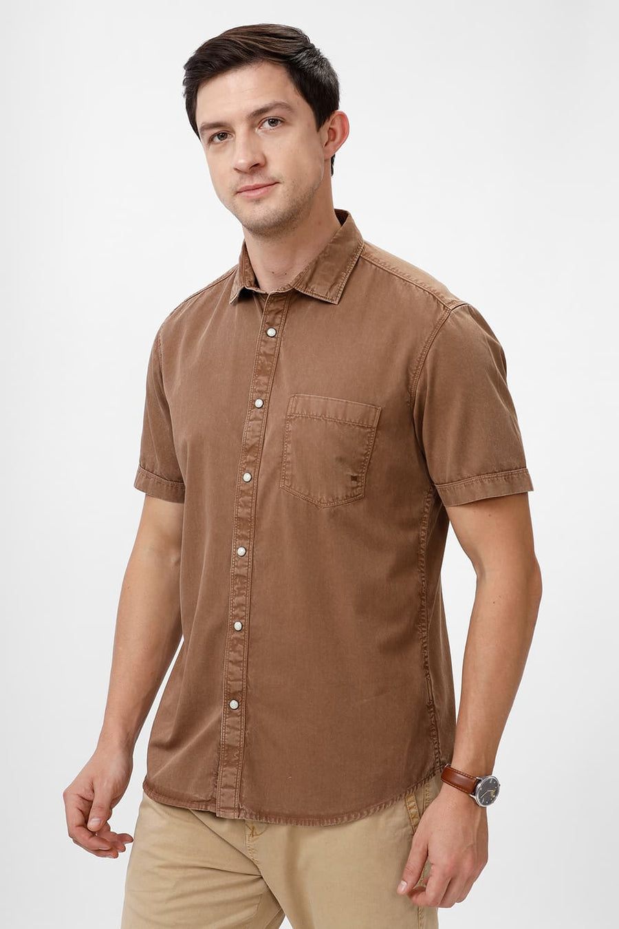 BASICS SLIM FIT BISON BROWN COTTON RFD HALFSLEEVES SHIRT
