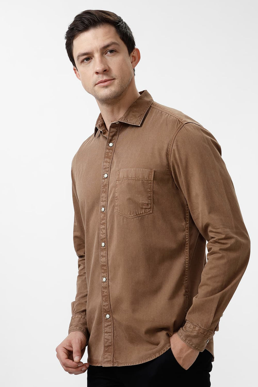 BASICS SLIM FIT BISON BROWN COTTON RFD SHIRT
