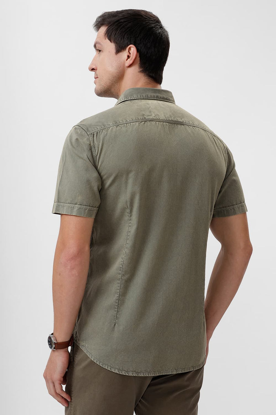 BASICS SLIM FIT TURTLE OLIVE COTTON RFD HALFSLEEVES SHIRT