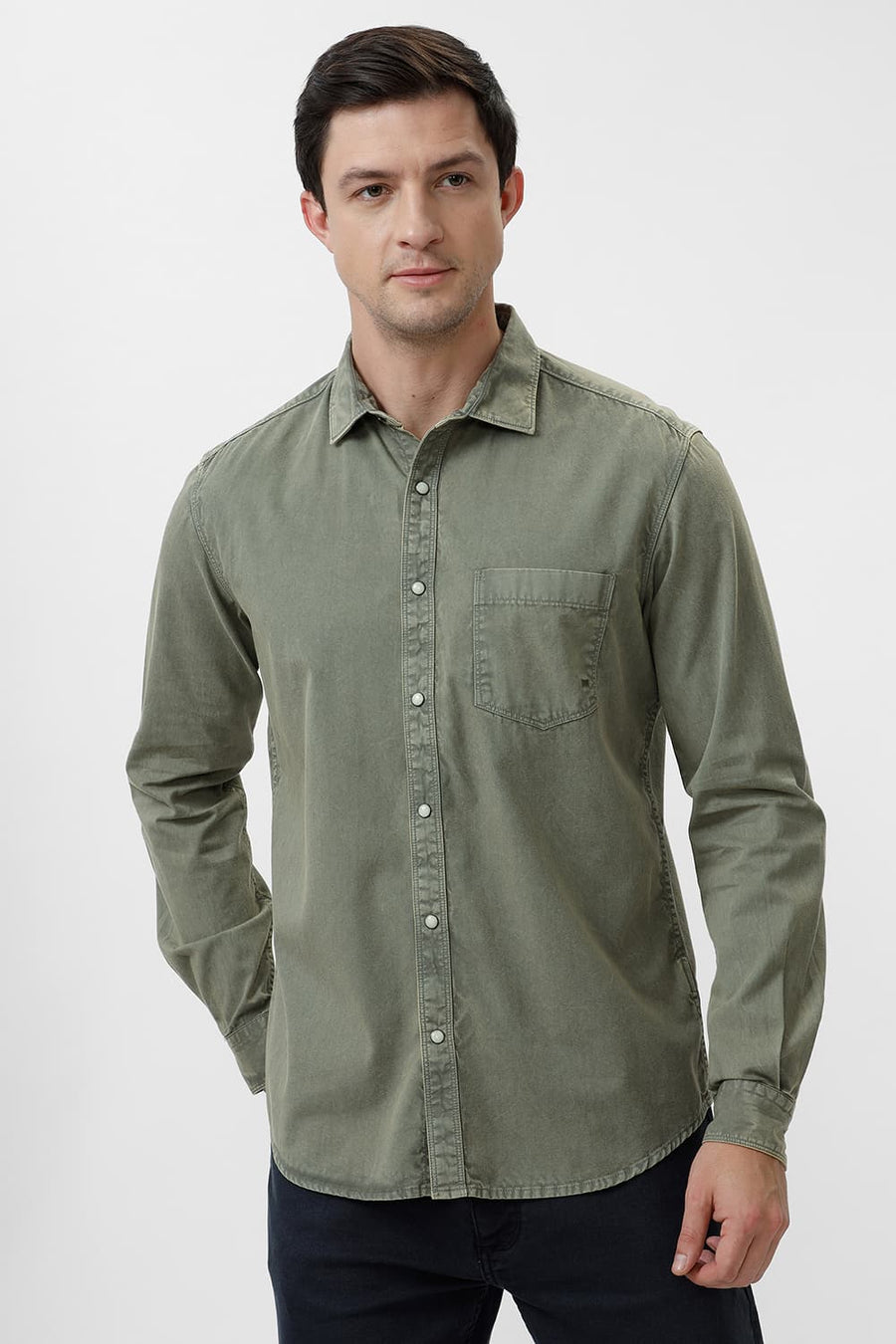 BASICS SLIM FIT TURTLE OLIVE COTTON RFD SHIRT