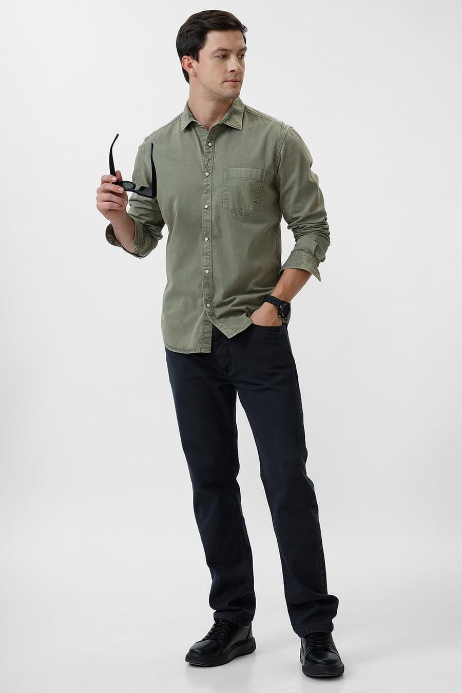BASICS SLIM FIT TURTLE OLIVE COTTON RFD SHIRT