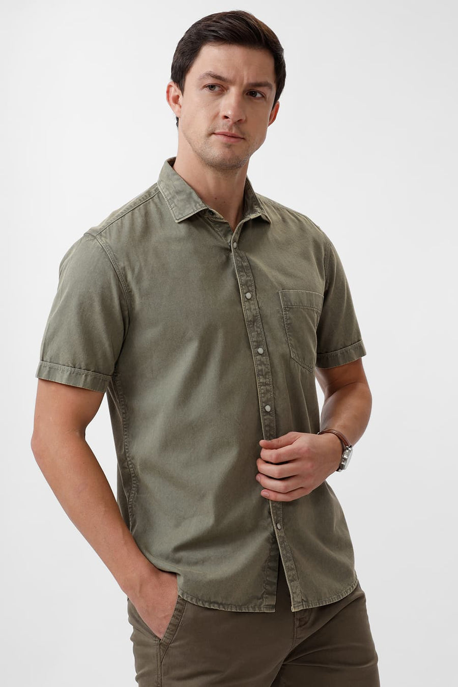 BASICS SLIM FIT TURTLE OLIVE COTTON RFD HALFSLEEVES SHIRT