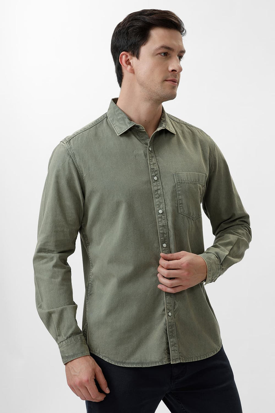 BASICS SLIM FIT TURTLE OLIVE COTTON RFD SHIRT